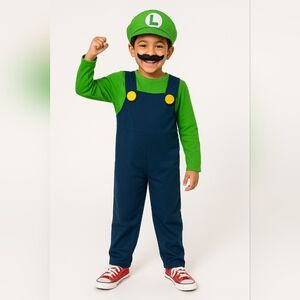 Luigi Youth M Costume Hat Shirt Overalls Mustache Halloween Cosplay Gamer